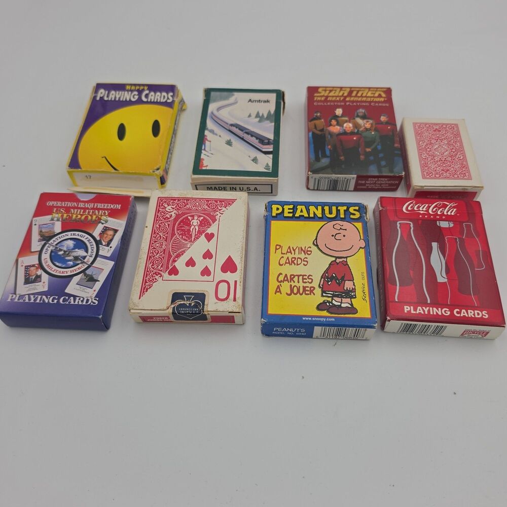 Lot of 8 Vintage & Collectible Playing Card Decks Peanuts Star Trek Coca-Cola Am